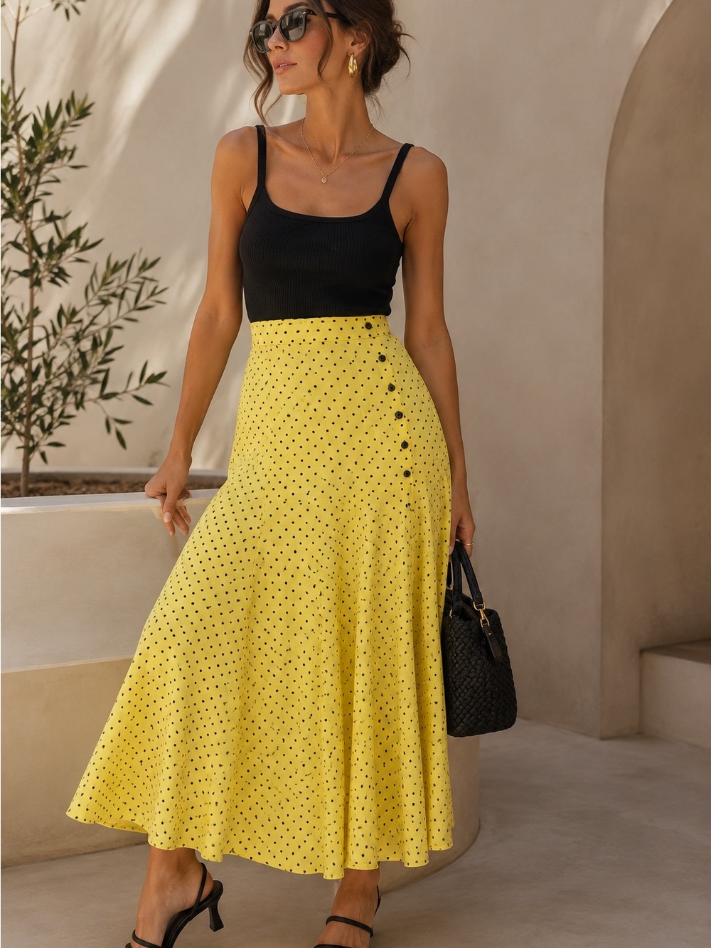 Zara Yellow Polka Dot Asymmetrical Midi Skirt XS